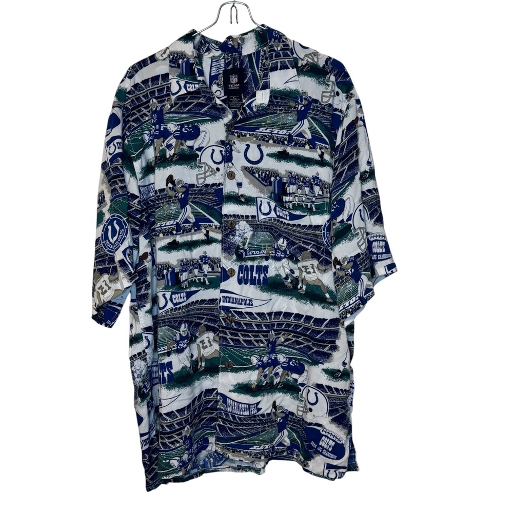 NFL Team Apparel Mens Camp Shirt Aloha Hawaiian Colts Pattern Button Up Large